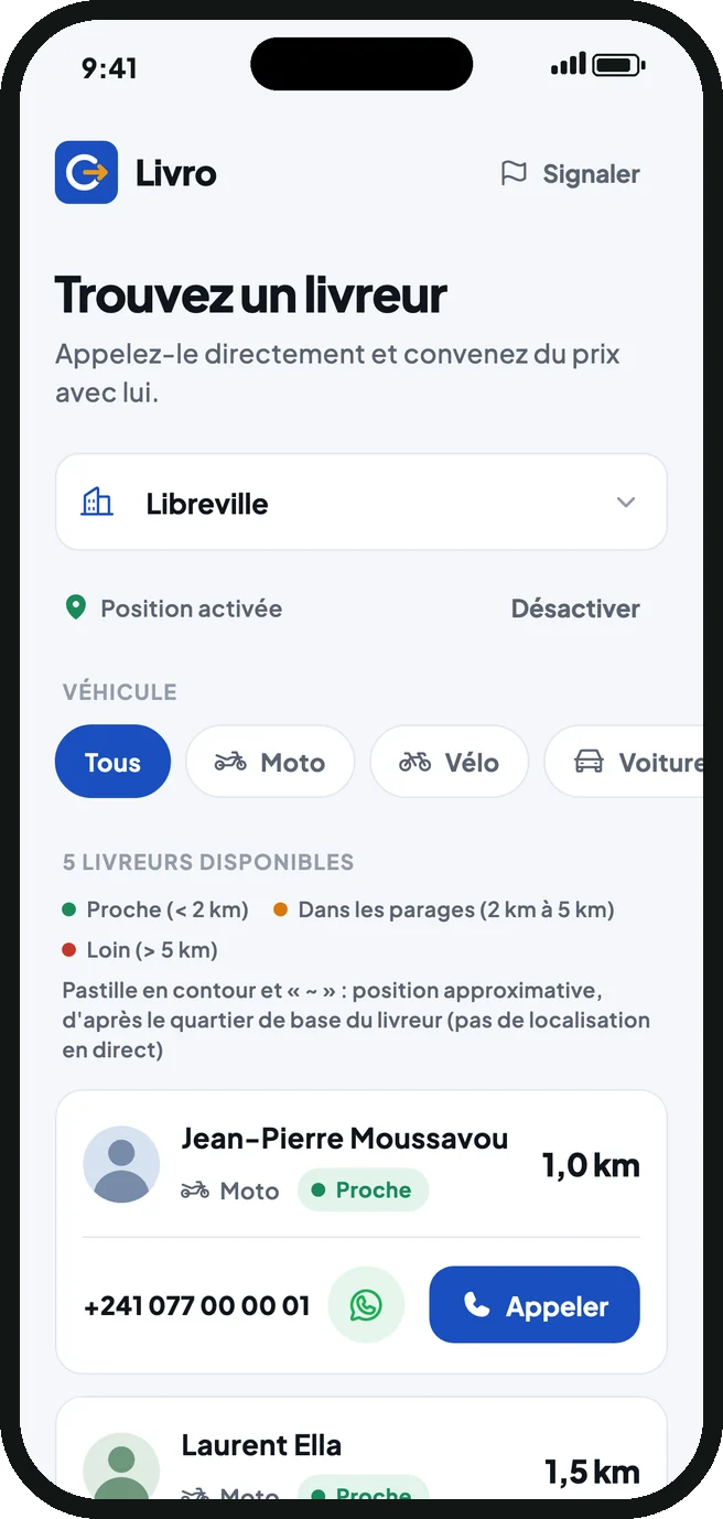 Écran de l'app Livro : liste des livreurs disponibles à Libreville, avec la distance et un bouton Appeler
